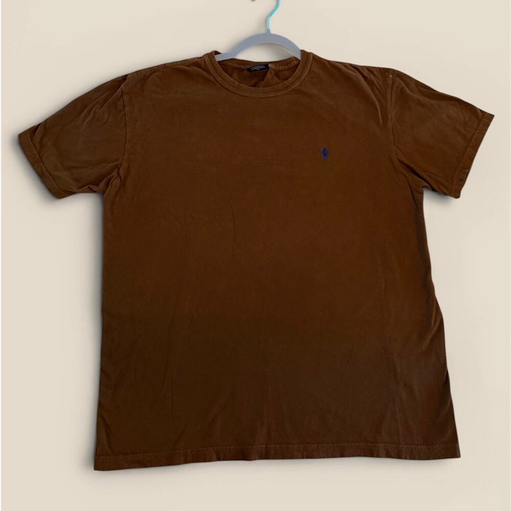 Polo Ralph Lauren Med Brown TShirt Blue Pony Logo Vintage Distressed 21.5” PTP